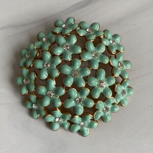 Gold Tone Teal Enameled Round Domed Brooch With Flower Cluster Bouquet Floral 2”